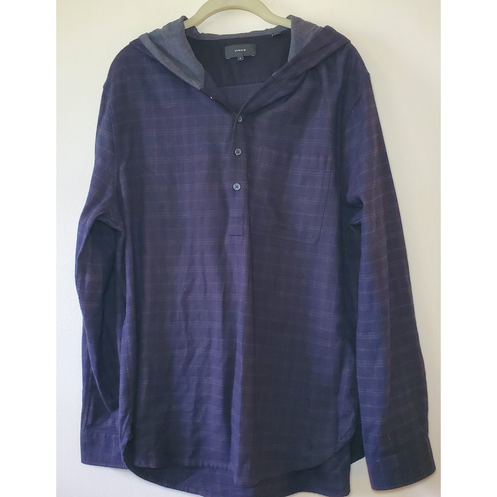 Vince Men's Sz M Highway Plaid Long Sleeve Hooded Cotton Pullover 1/4 Button